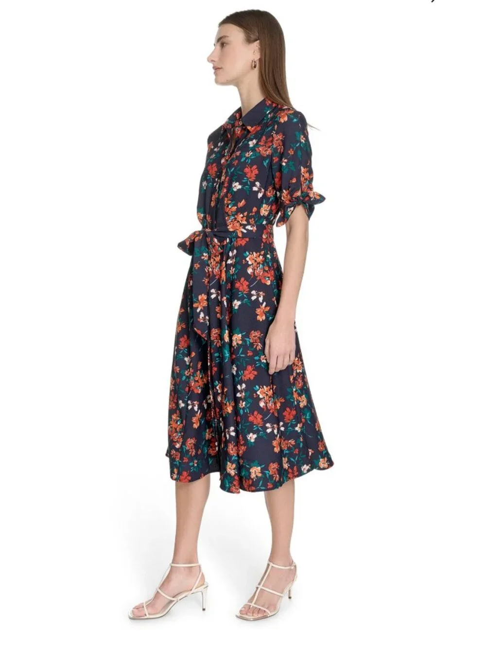 Calvin Klein Floral Belted Midi Dress Navy Orange Green MSRP $139_9